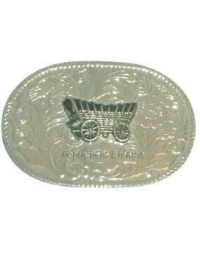 Metal Floral Belt Buckle Oval With Covered Wagon Rope Edge Design Western Motif